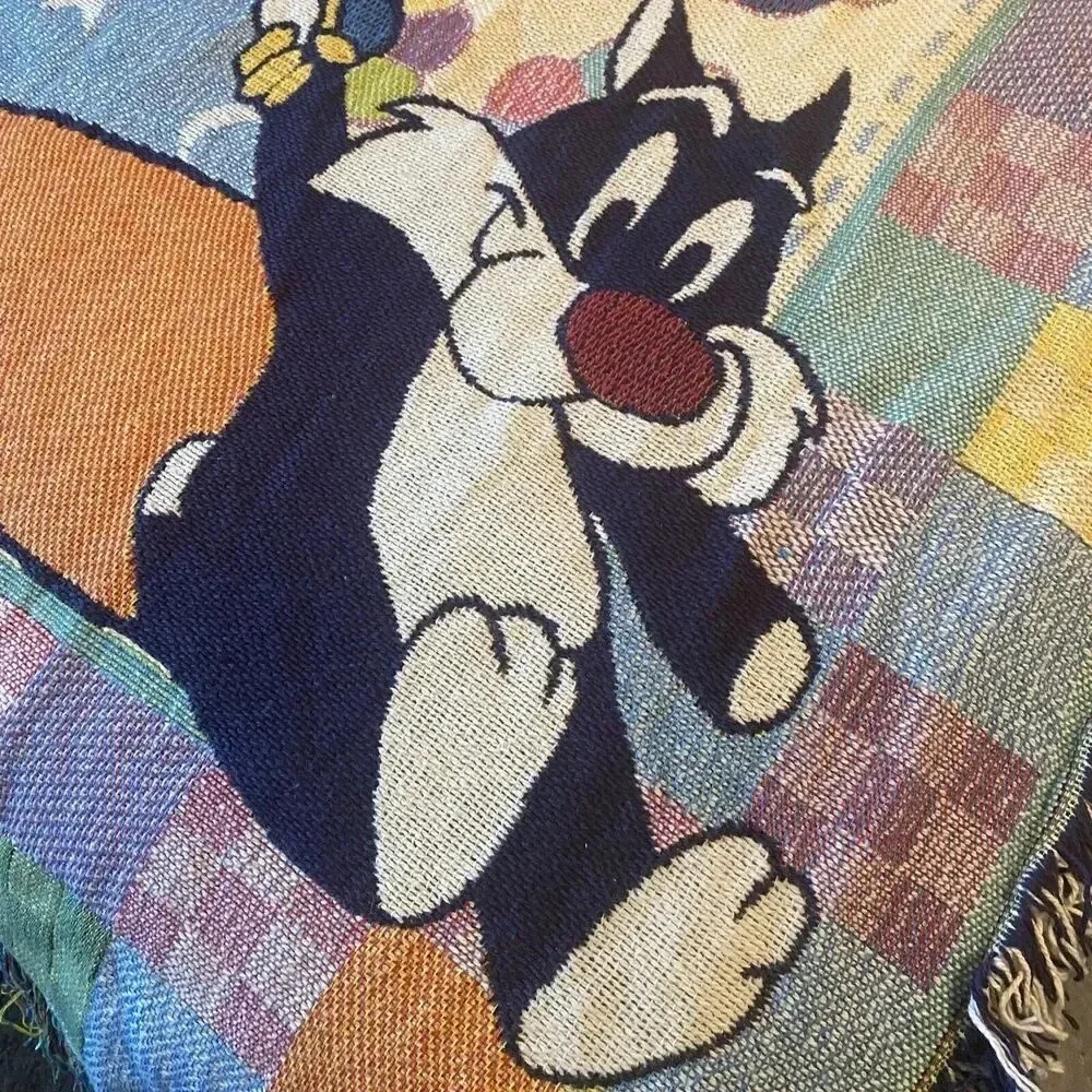 VTG 90s Baby Toddler Looney Tunes Cotton Blanket Sylvester Tweety Bird Blue Cozy
